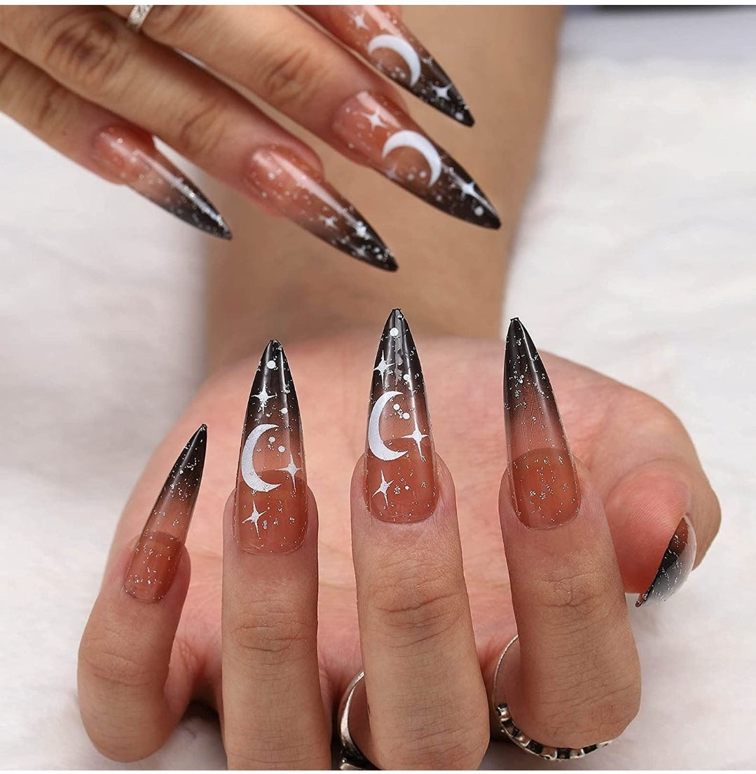 24 Witchy black ombre stiletto Long Press on nails kit glue on Goth celestial moon stars alt edgy glitter clear Halloween