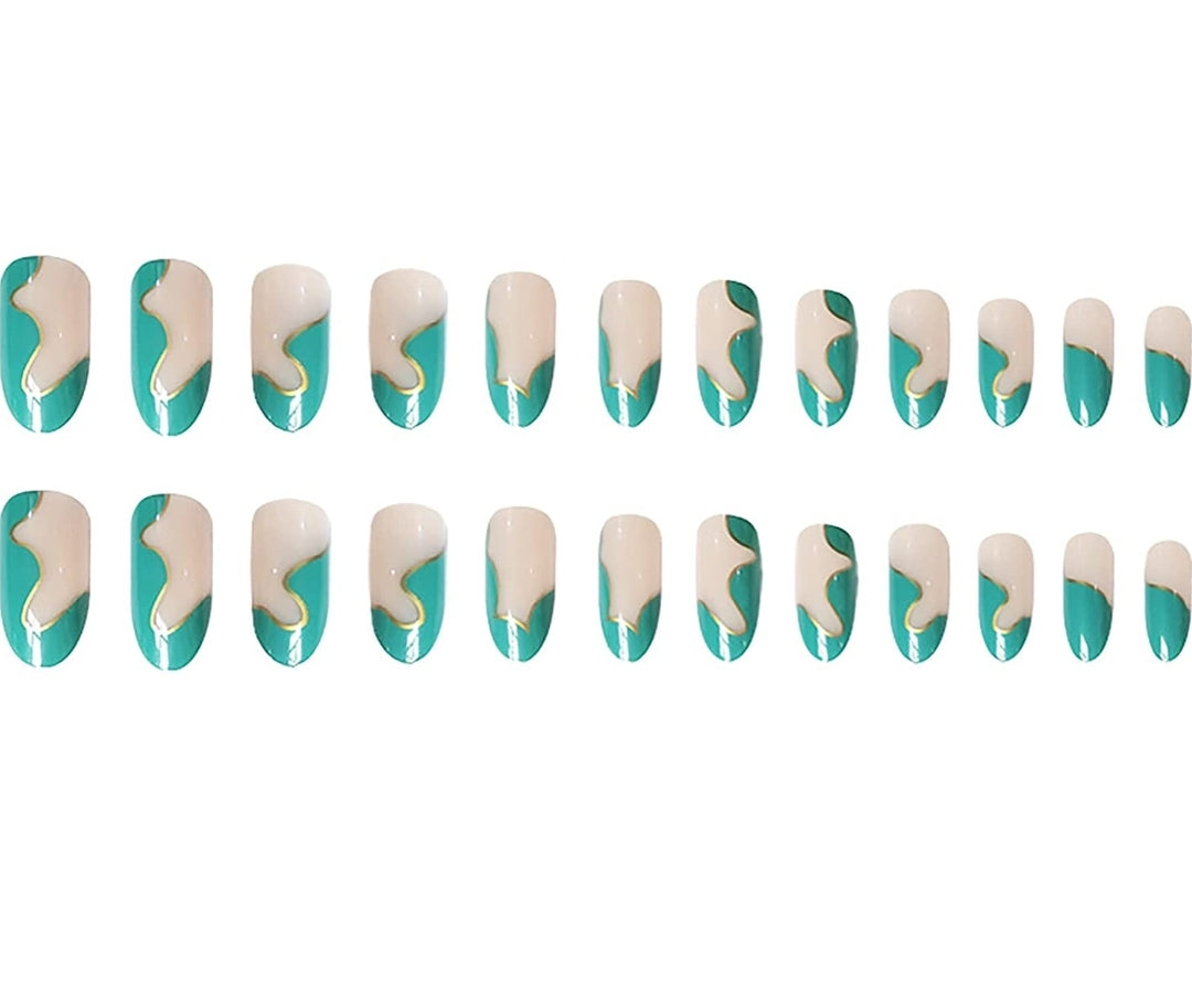 Turquoise Nude Swirl Long Press On Nails – Matte Oval Almond with Gold Line Design surethings