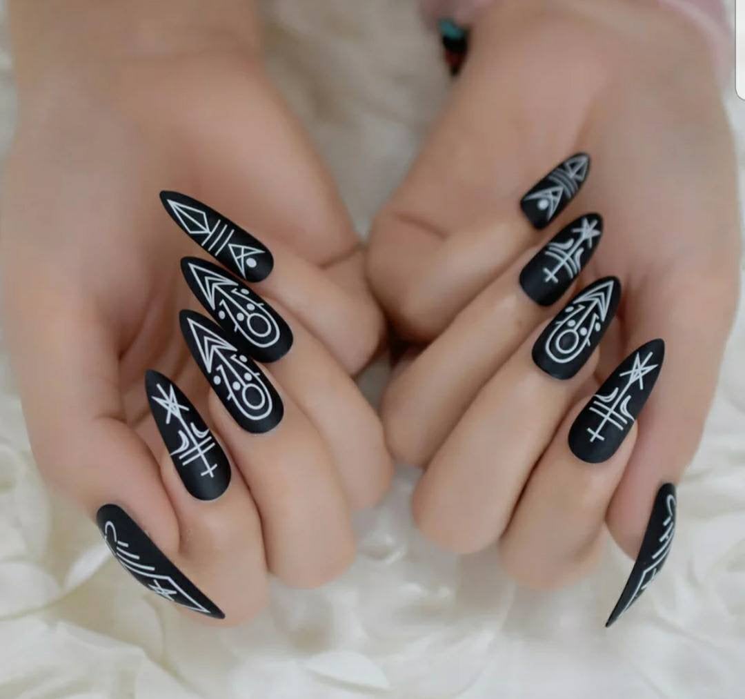 24 Goth Matte Black Long Press on Nails Witchy nails Halloween