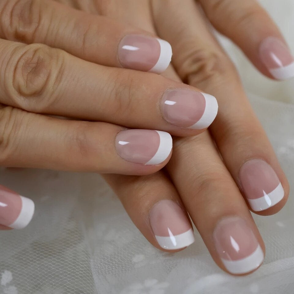 24 French Mani Short press on nails kit white tip baby boomer pink