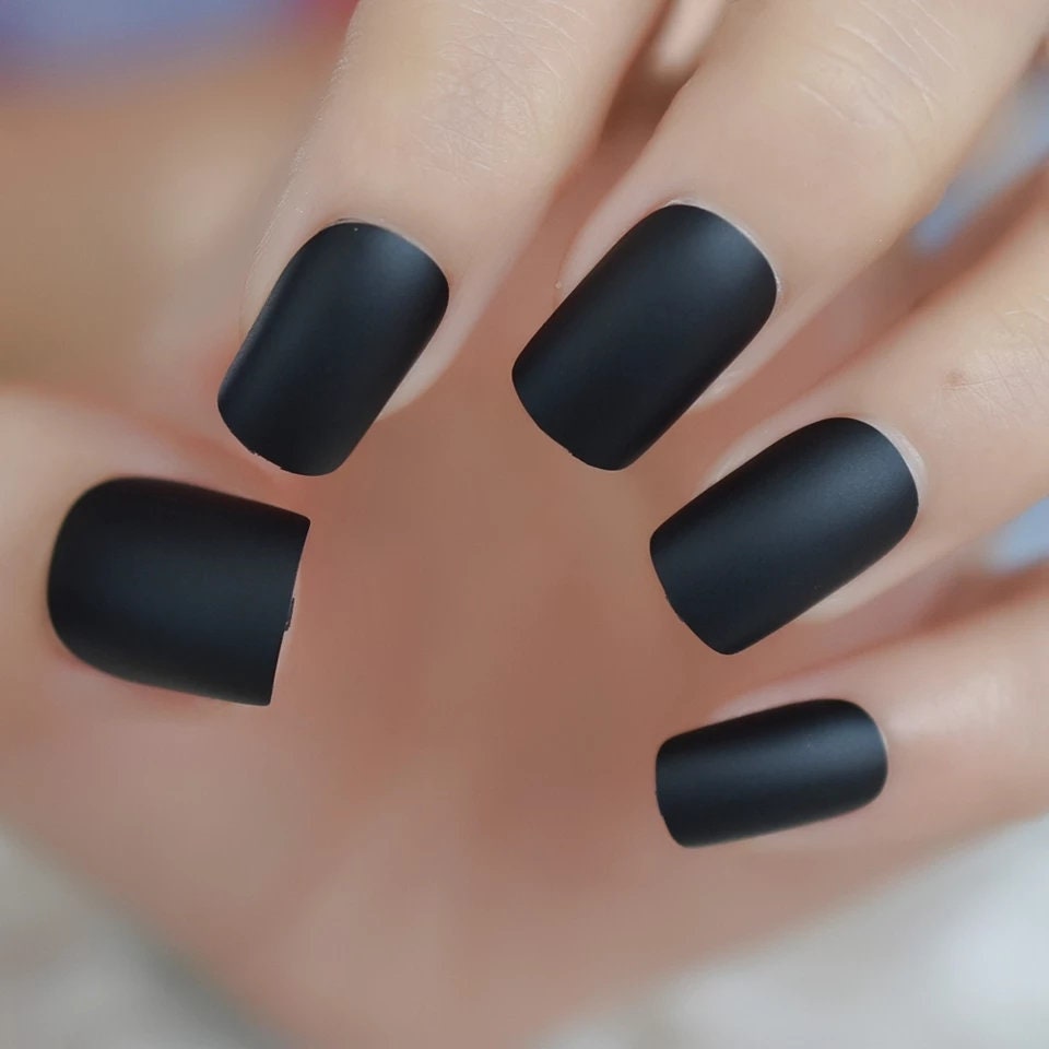 24 PCS Matte Black Square Short Press On Nails – Edgy Gothic Glue-On Kit surethings