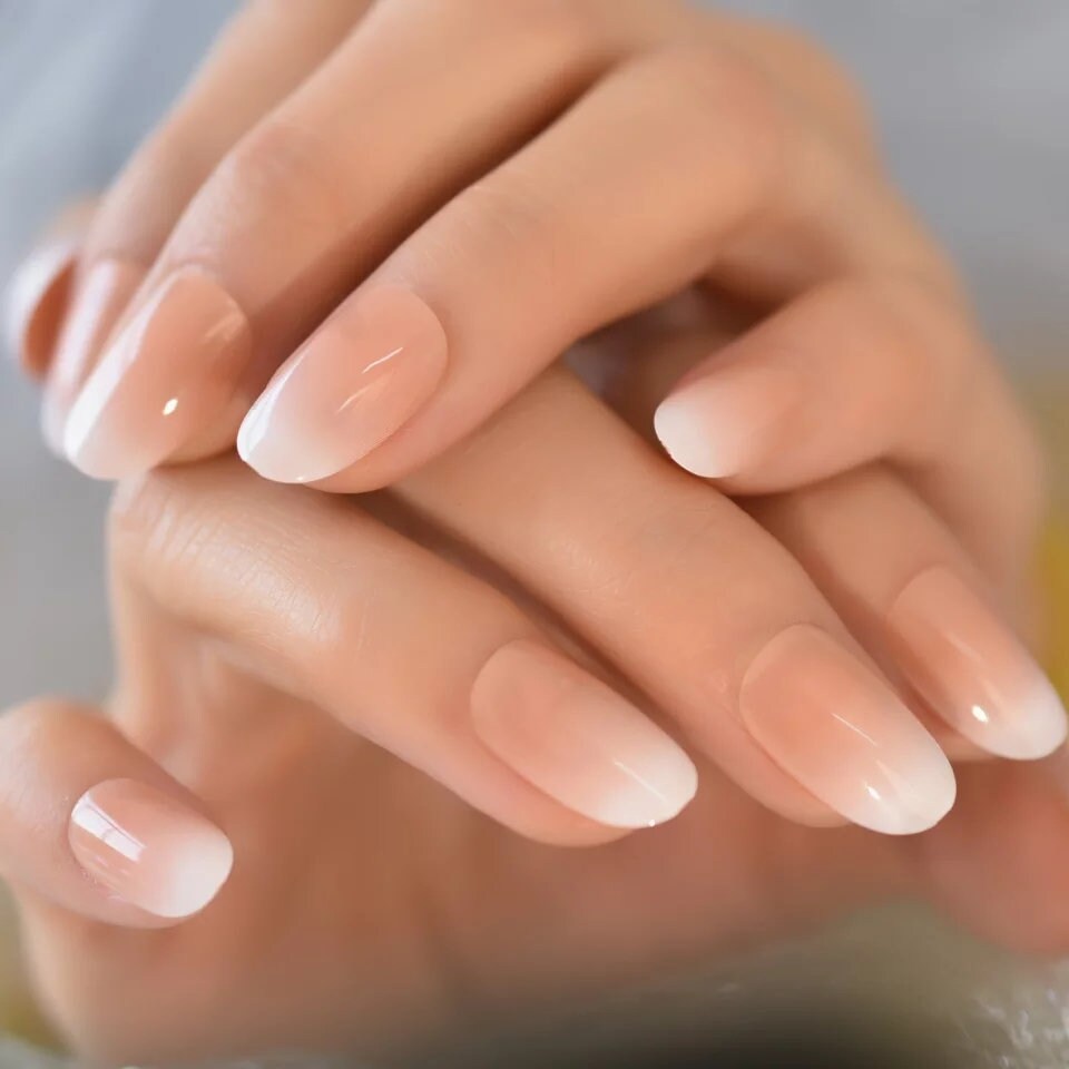 24 Ombre Nude Long Press on Nails glue on medium length white tip French Natural