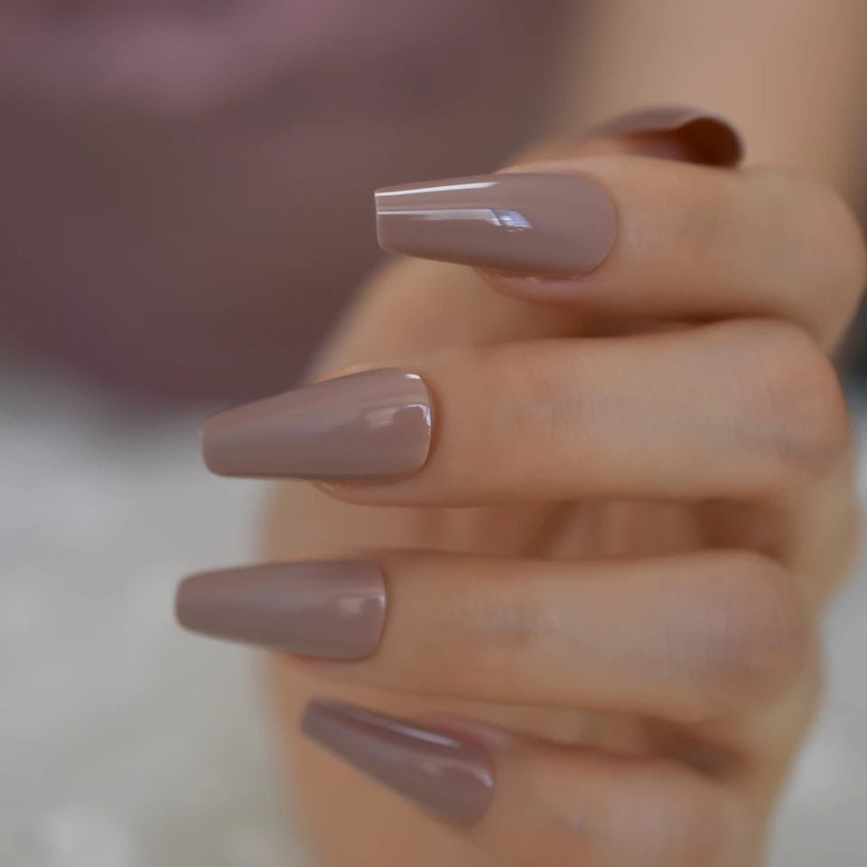 24 tan nude long press-on nails in glossy coffin shape, greige gray brown baddie glue-on nail kit surethings