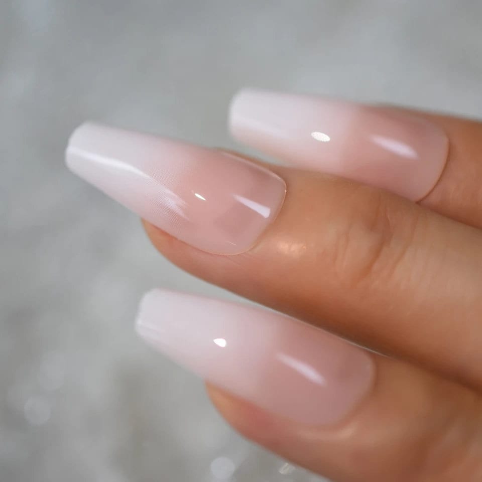 Coffin Long Press On Nails with French white tip ombre design – classic glue-on manicure surethings