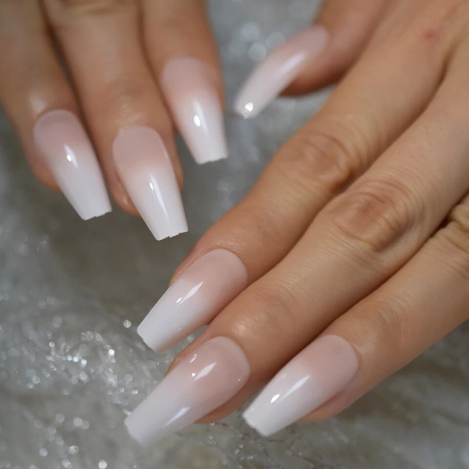 Coffin Long Press On Nails with French white tip ombre design – classic glue-on manicure surethings