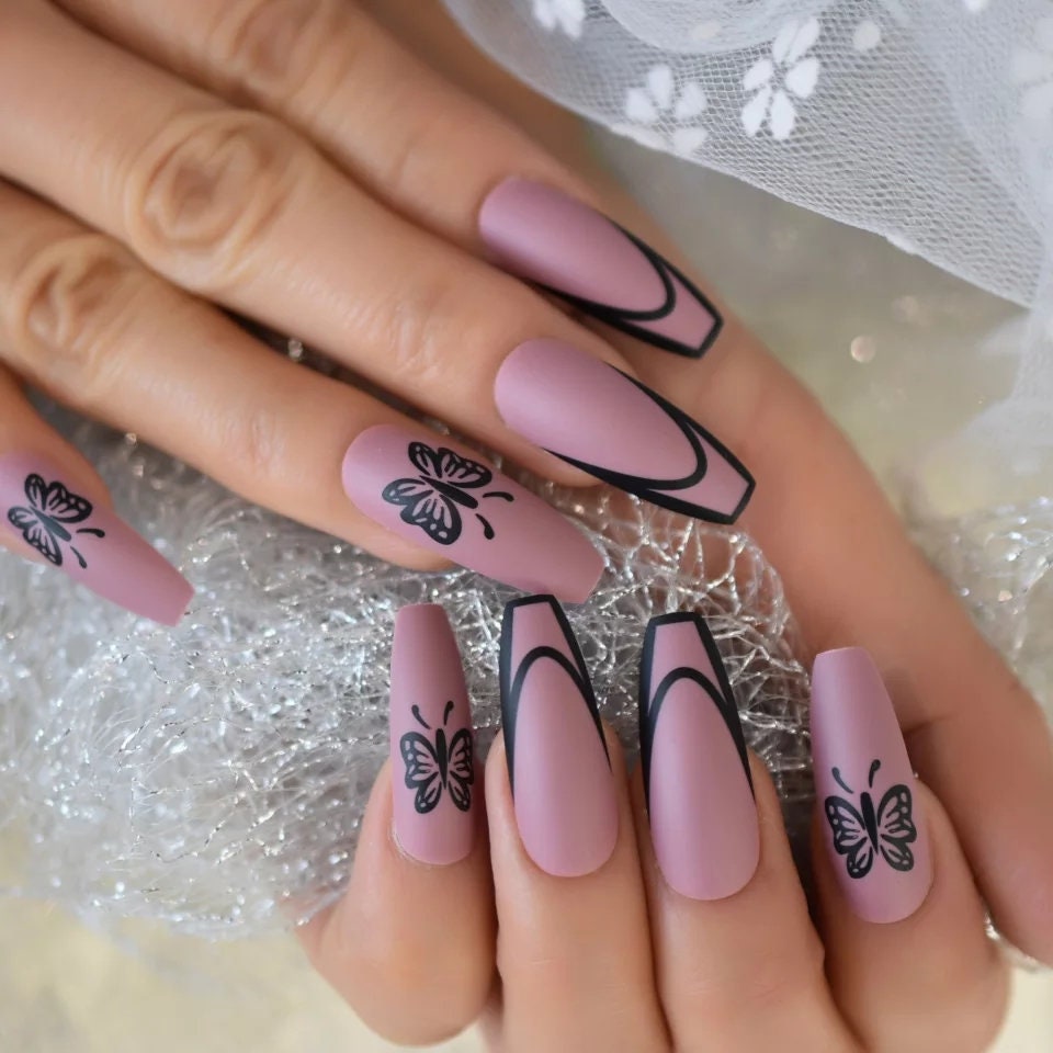 24 PCS Extra Long Press On Nails – Coffin Matte Mauve Butterfly Design surethings