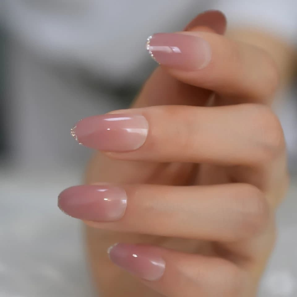 Ombre Nude Glitter Tip Long Press On Nails – Medium Classic Glue On Nail Kit surethings