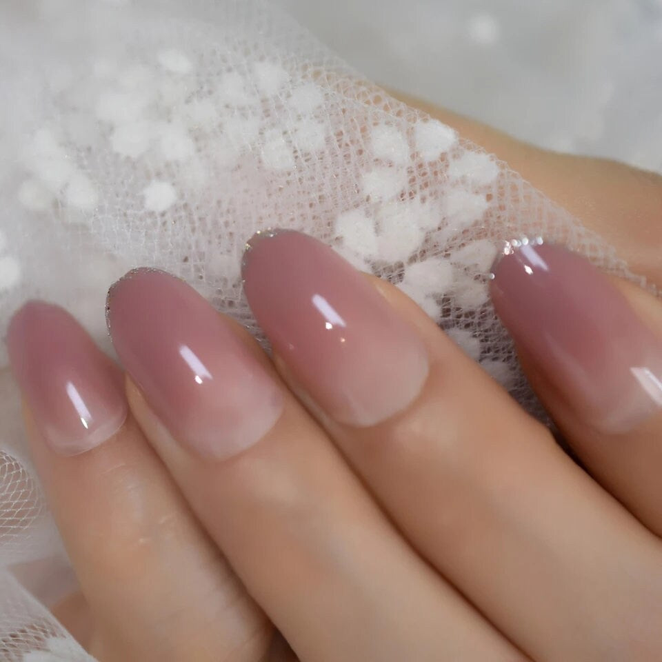 Ombre Nude Glitter Tip Long Press On Nails – Medium Classic Glue On Nail Kit surethings