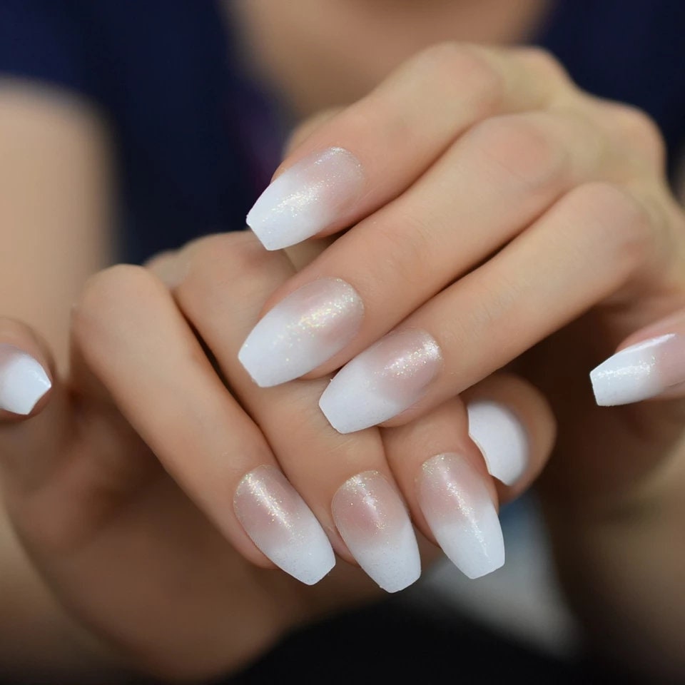 24 Medium Ombre French tip white Long Press on nails glue on natural