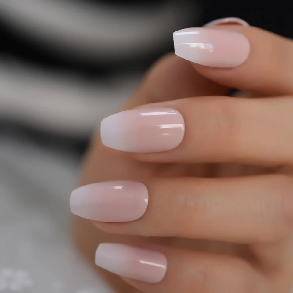 24 Medium Coffin Ombre White tip Pink French mani Long Press on nails glue on natural