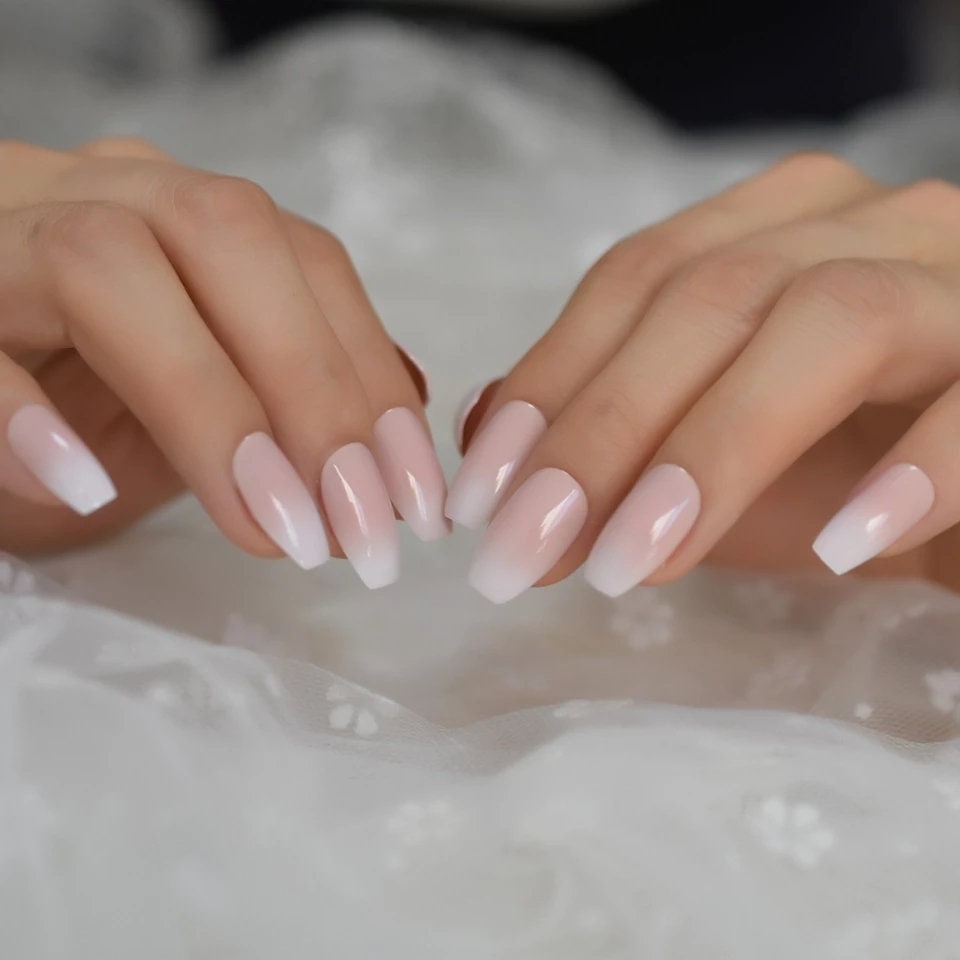24 Medium Coffin Ombre White tip Pink French mani Long Press on nails glue on natural