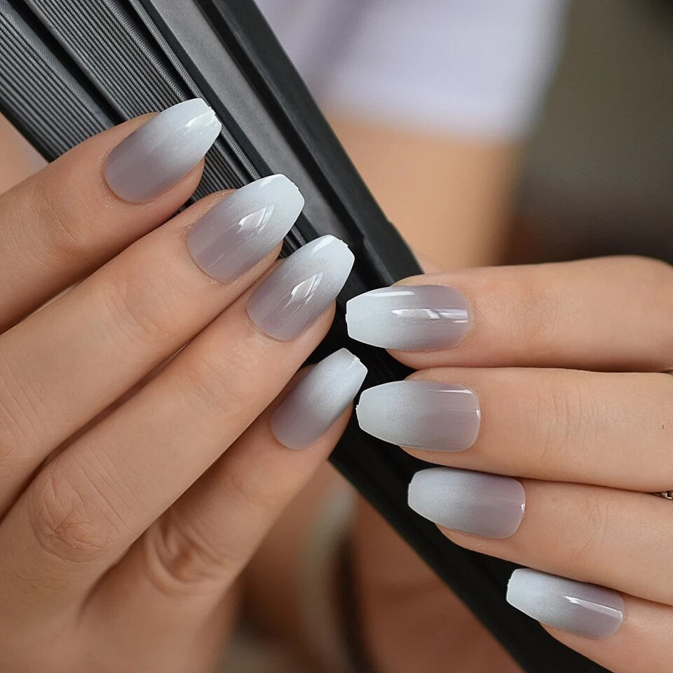 24 Medium Coffin Ombre Gray French tip white Long Press on nails glue on natural edgy goth