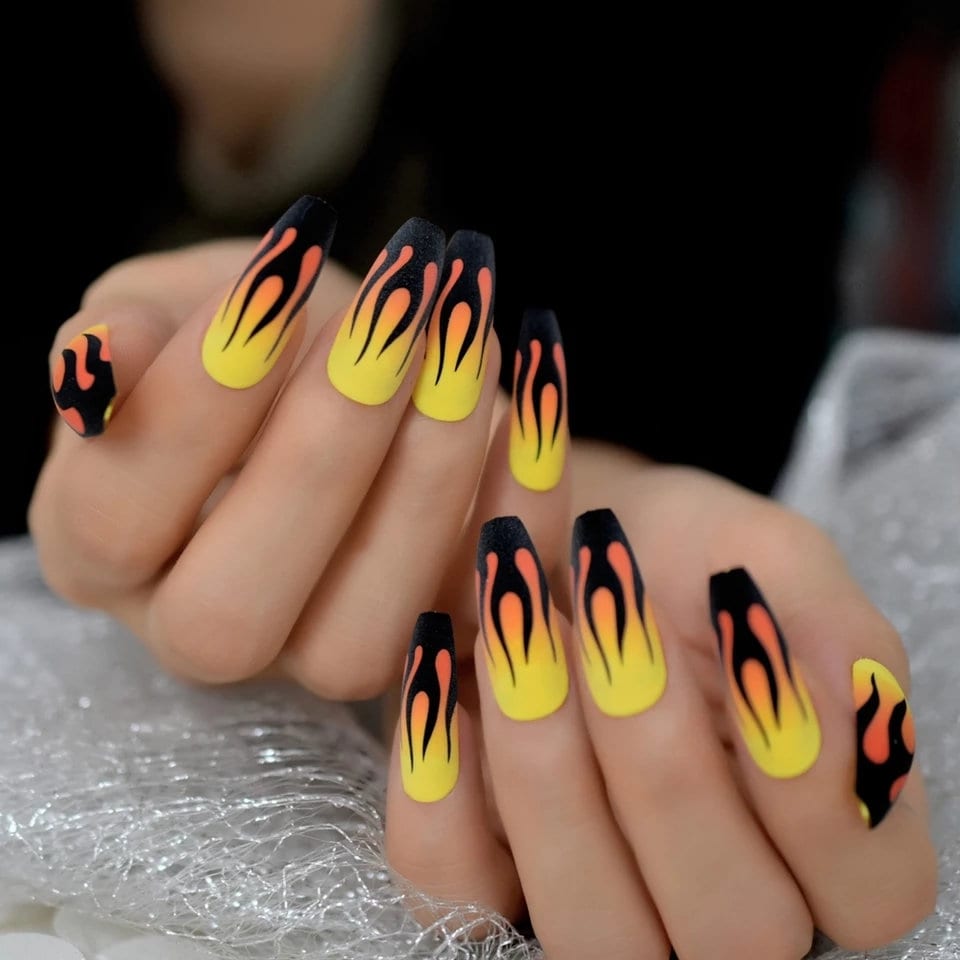 24 Matte Yellow Flame 90s retro Long Press on Nails glue on natural edgy goth multicolor