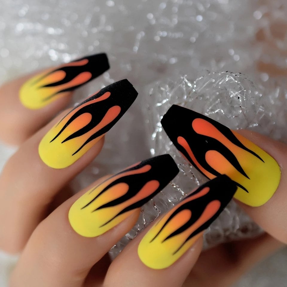 24 Matte Yellow Flame 90s retro Long Press on Nails glue on natural edgy goth multicolor
