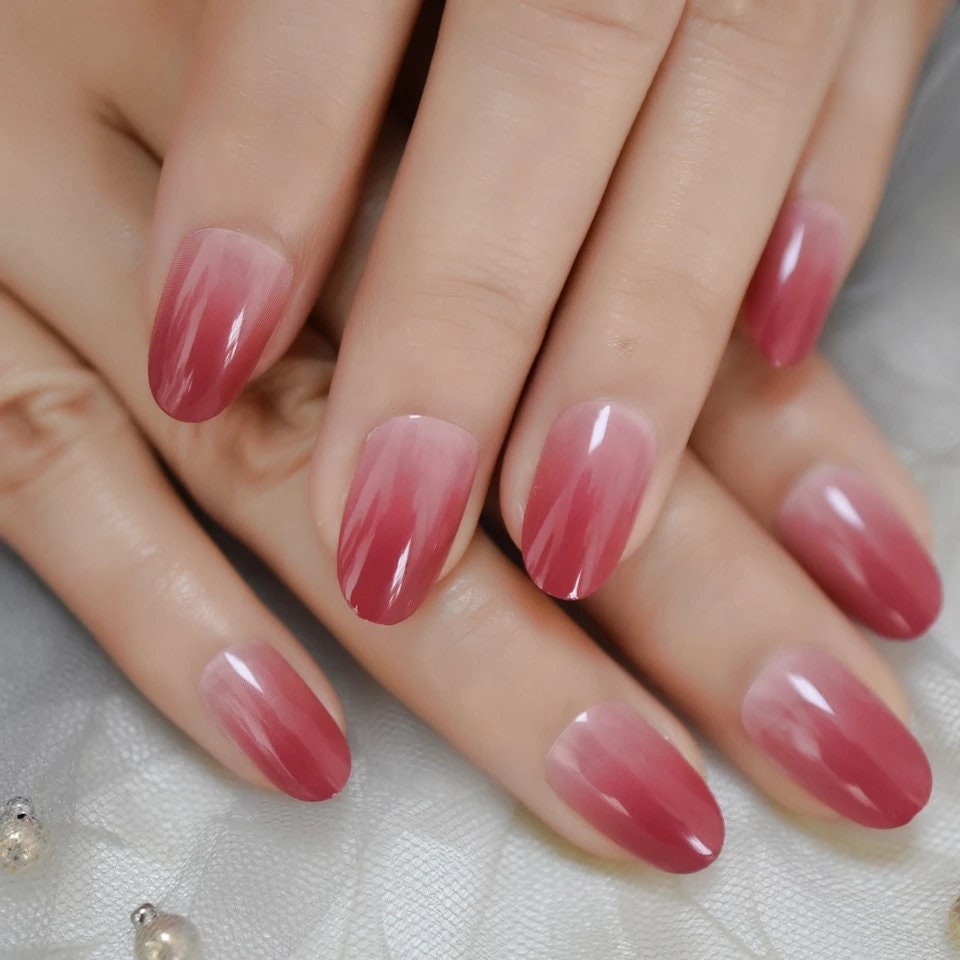 24 Rose Red Ombre Long Press On Nails nude Medium Almond French tip glue on natural nude