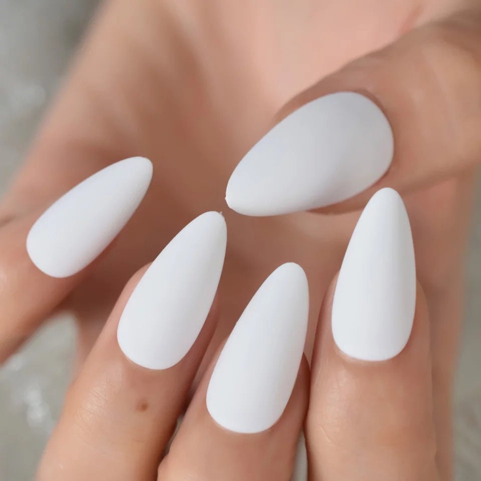 Pointed Matte White Press On Nails – Long Stiletto Almond Glue-On Nails surethings