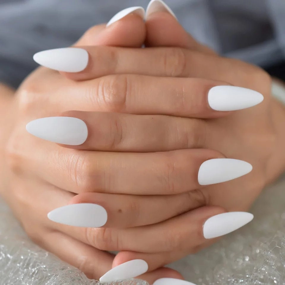 Pointed Matte White Press On Nails – Long Stiletto Almond Glue-On Nails surethings