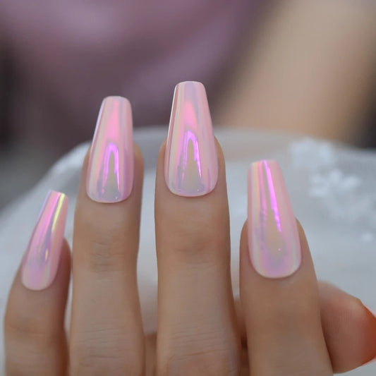 24PCS Holographic Pink Chrome Long Press-On Nails – Glossy Coffin Shape Glue-On Nail Kit surethings