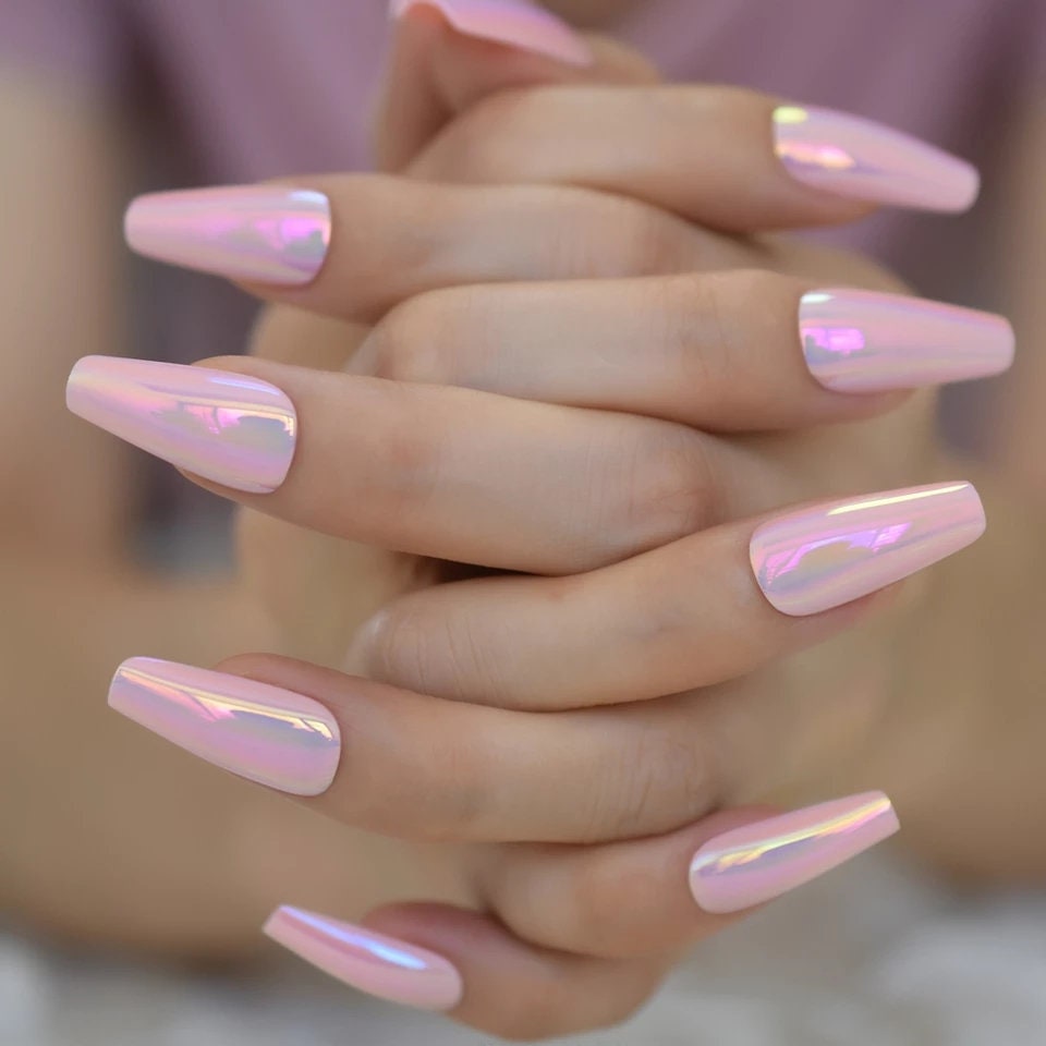 24PCS Holographic Pink Chrome Long Press-On Nails – Glossy Coffin Shape Glue-On Nail Kit surethings