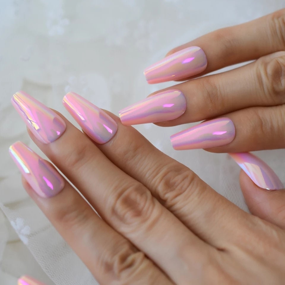24PCS Holographic Pink Chrome Long Press-On Nails – Glossy Coffin Shape Glue-On Nail Kit surethings