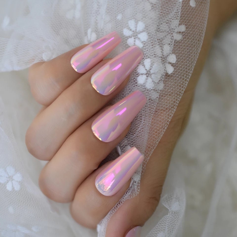 24PCS Holographic Pink Chrome Long Press-On Nails – Glossy Coffin Shape Glue-On Nail Kit surethings