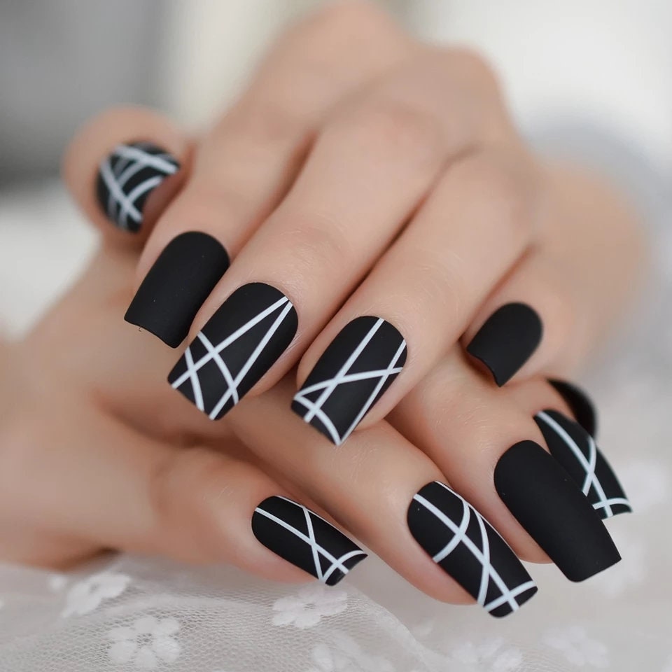 24 Matte Glue on medium Black Press on Nails square goth edgy white lines design