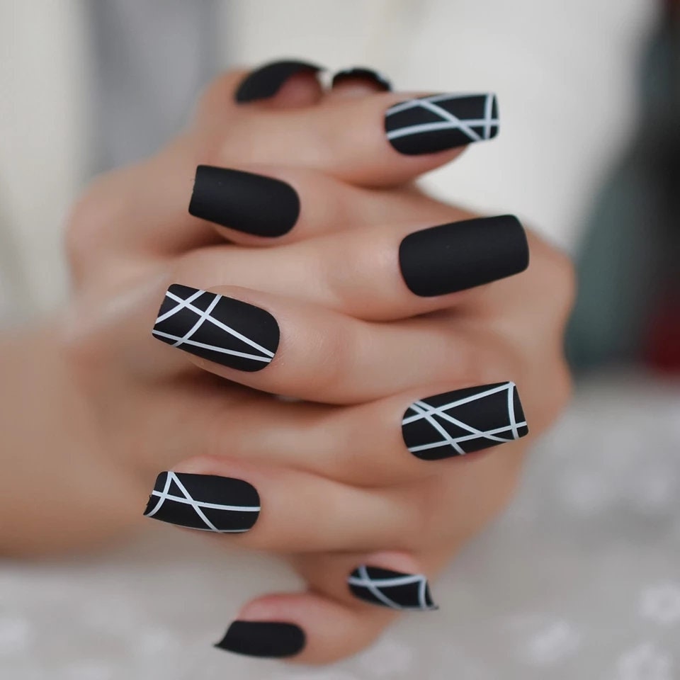 24 Matte Glue on medium Black Press on Nails square goth edgy white lines design