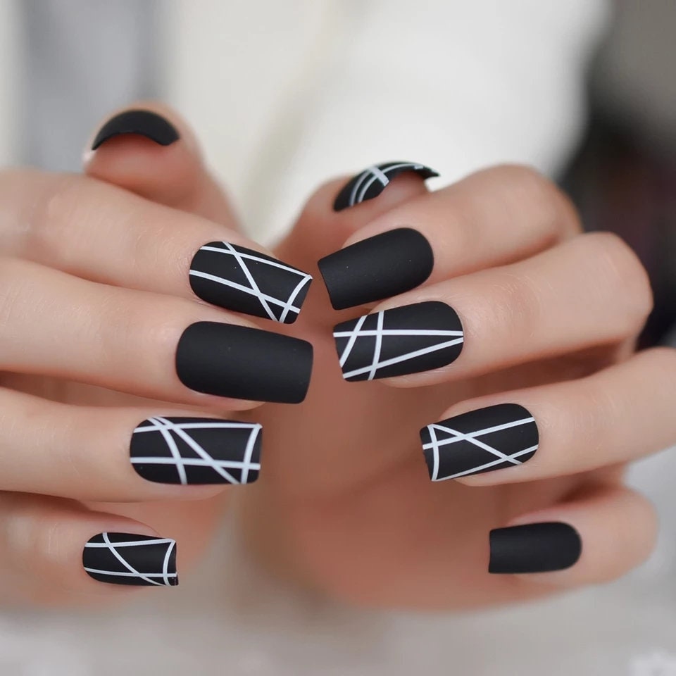 24 Matte Glue on medium Black Press on Nails square goth edgy white lines design