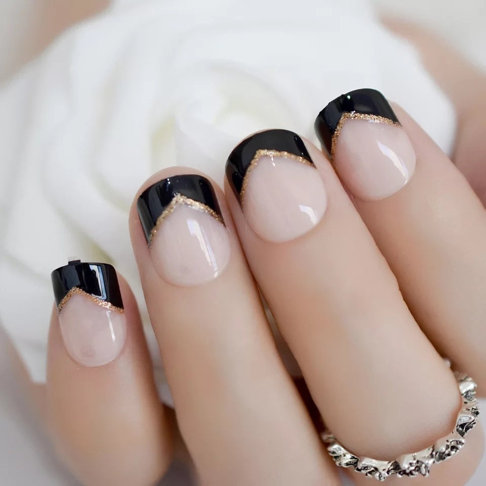 Black Tip French Short Press On Nails with Gothic Gold Elegant Design surethings
