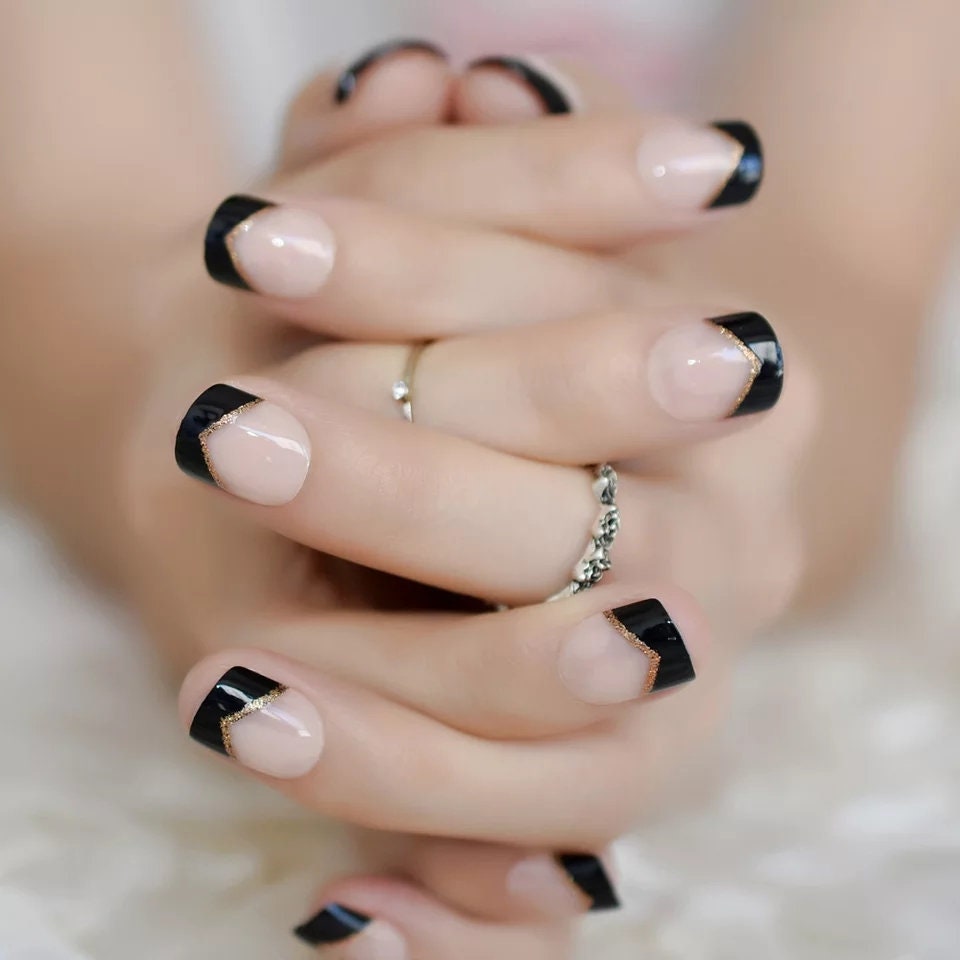 Black Tip French Short Press On Nails with Gothic Gold Elegant Design surethings
