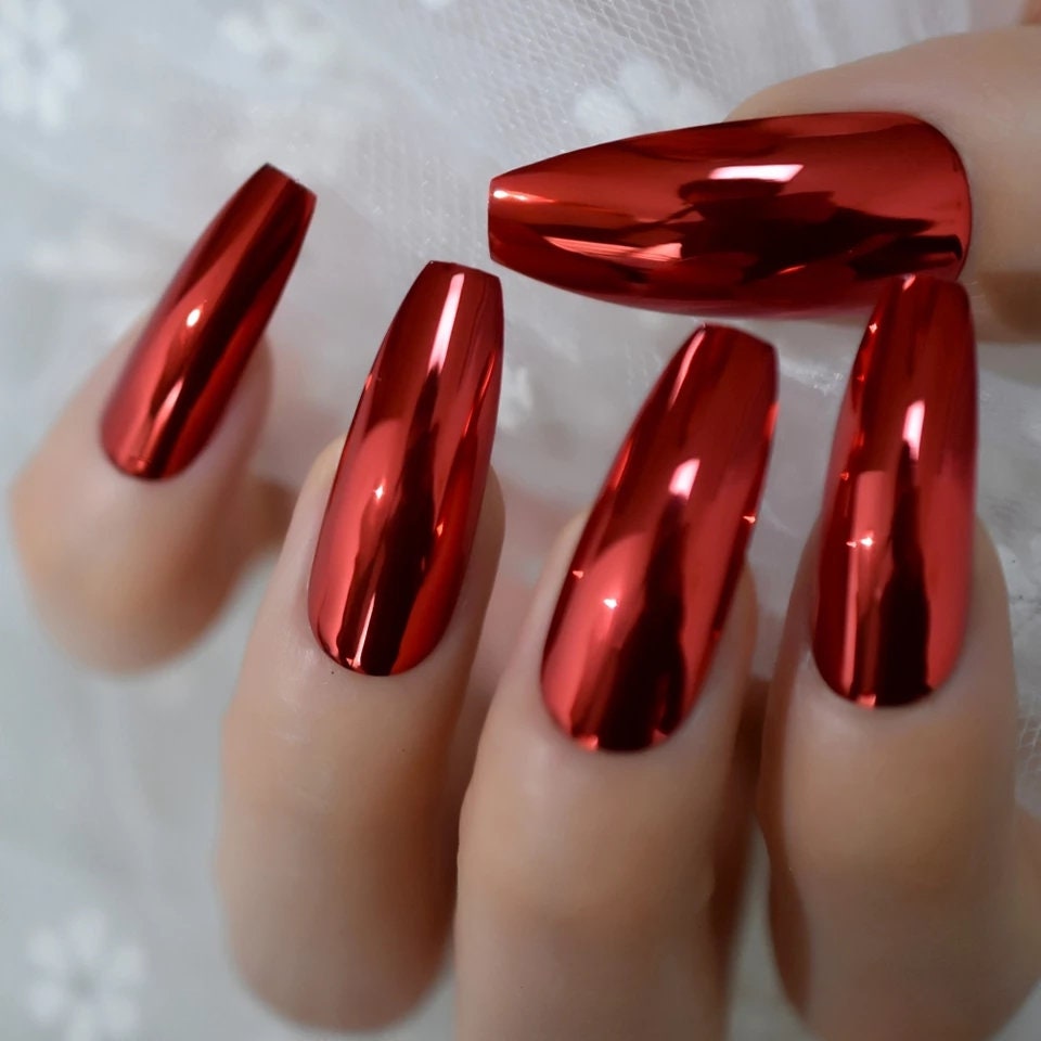 Red metallic chrome coffin long press on nails – mirror shiny extra long glue on set surethings
