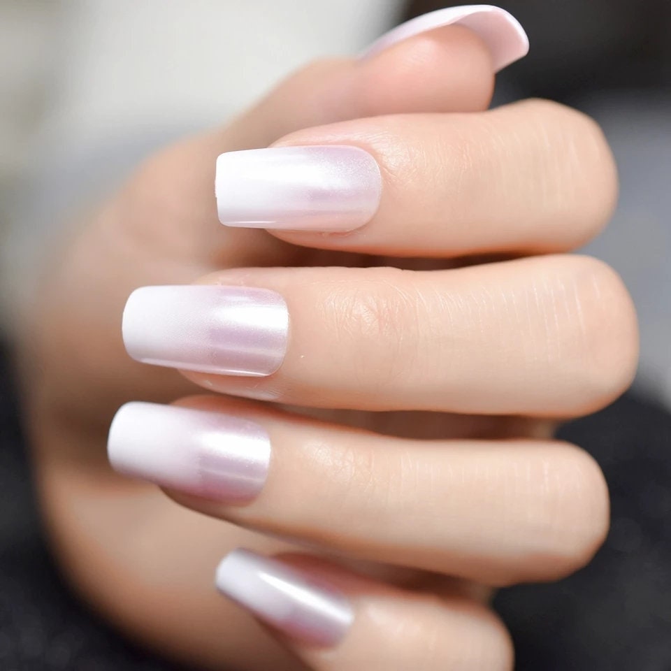 24 Pink White Pearl Ombre French tip Square Long press on Nails classic manicure glue on Medium