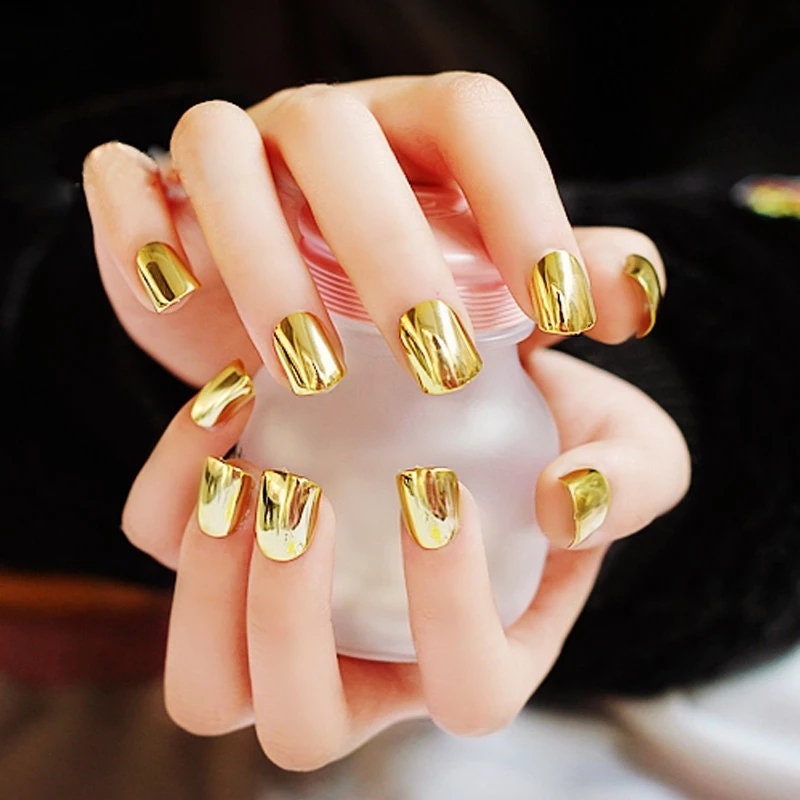 24 Gold Chrome Short Press On Nails Glue on Mirror shiny metallic Finger nails Toe Nails