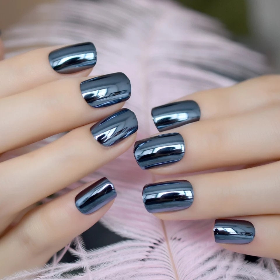 24 Dark Blue Chrome Short Press On Nails Glue on Mirror shiny metallic