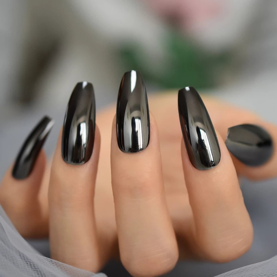 Gunmetal Chrome Coffin Long Press On Nails – Metallic Gray Glue-On Set surethings
