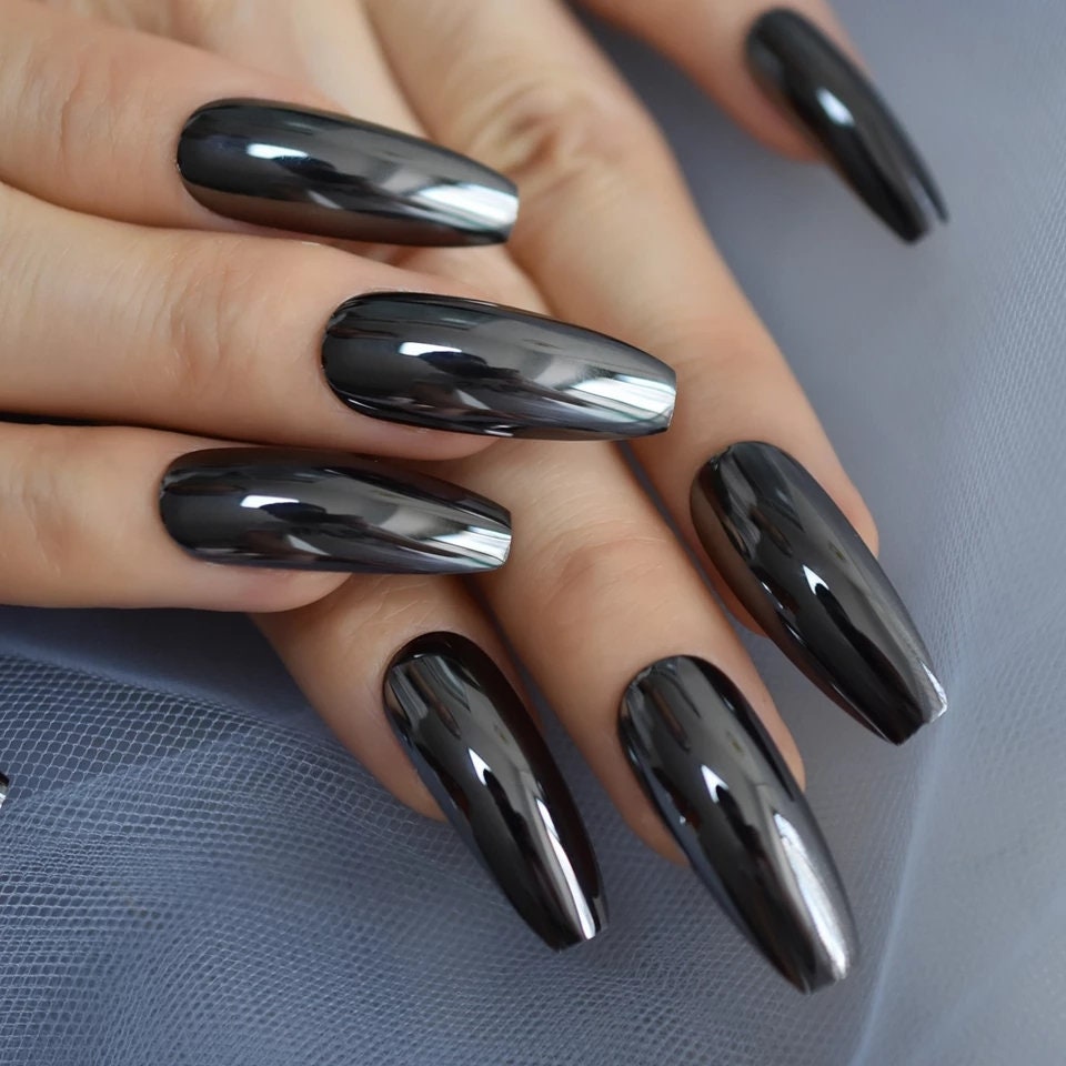 24 Gun metal Chrome Coffin Long Press on nails glue on mirror shiny metallic gray dark