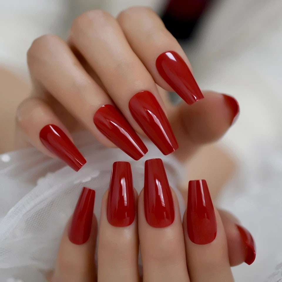 24 Cherry Red Coffin Long Press on Nails glue on glossy