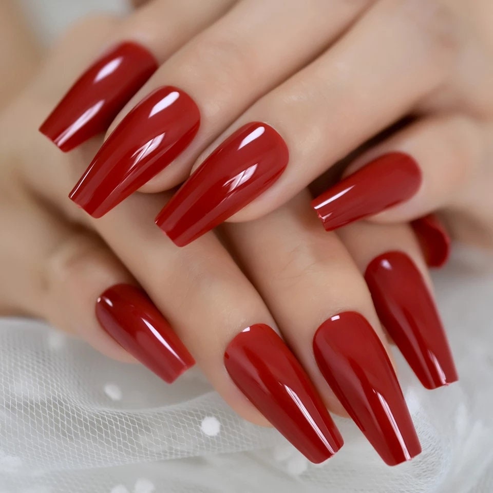 24 Cherry Red Coffin Long Press on Nails glue on glossy