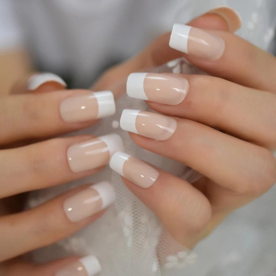 24 PCS Square Medium White Press On Nails – Classic French Manicure Nude & White Tip Glue-On Set surethings