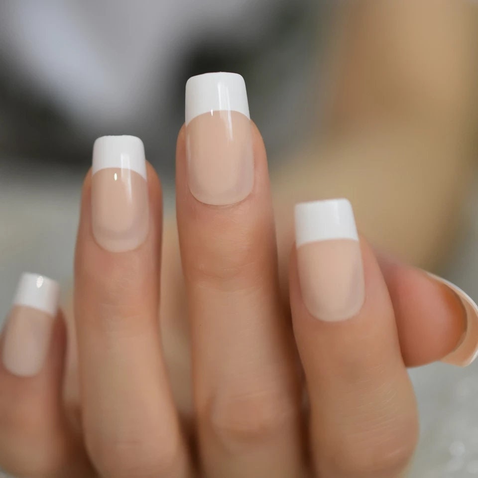 24 PCS Square Medium White Press On Nails – Classic French Manicure Nude & White Tip Glue-On Set surethings