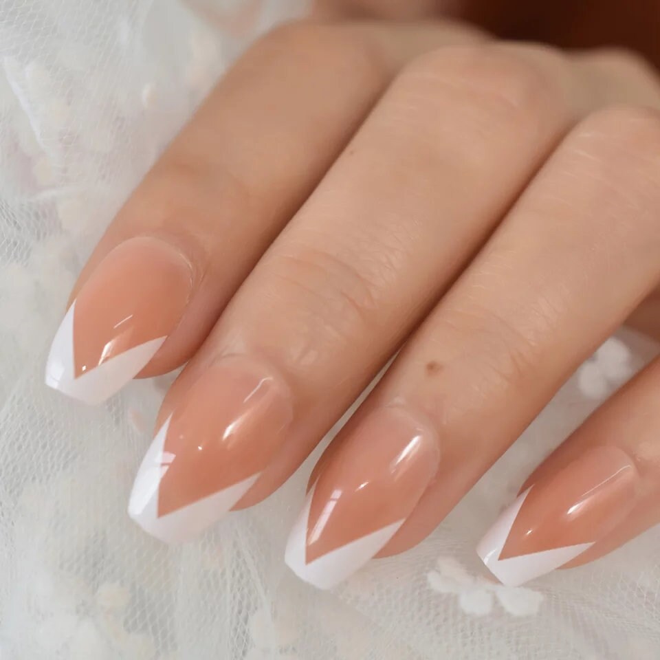 24 V-tip French long press on nails in nude with white rim, medium coffin shape surethings
