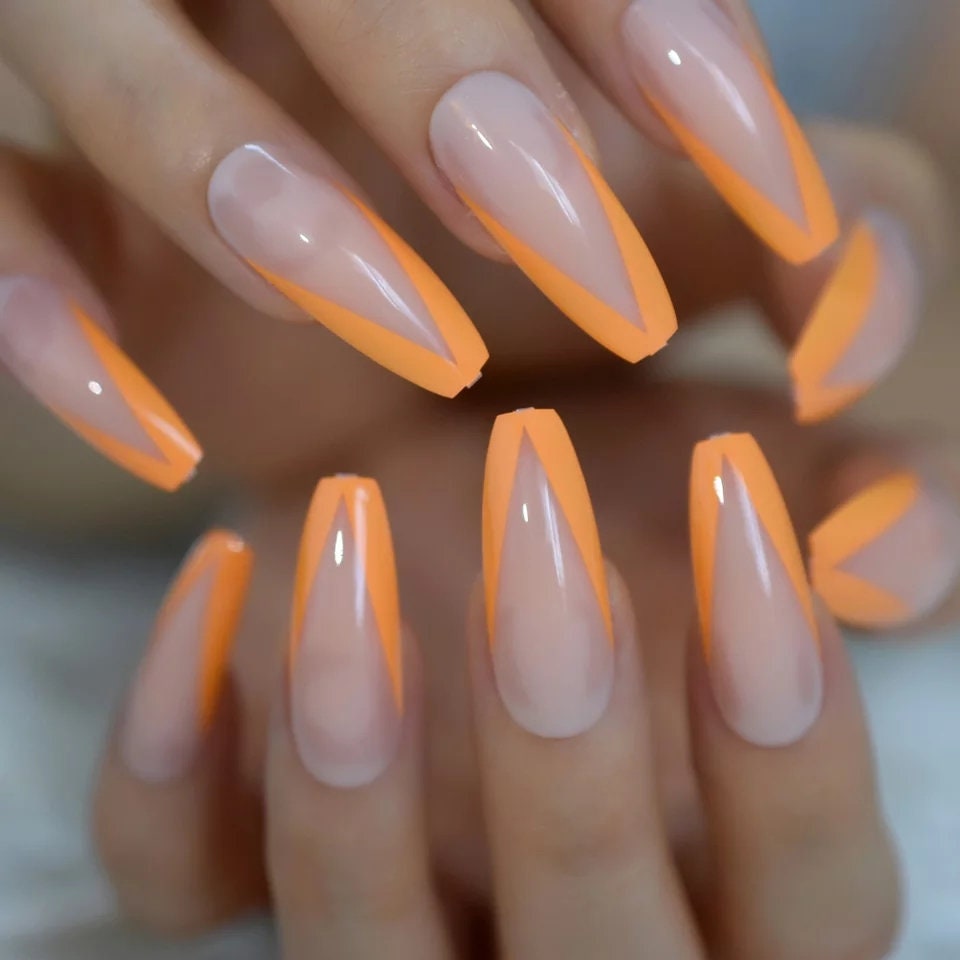 24 long nude coffin press on nails with neon orange V-tip French design, rave style surethings