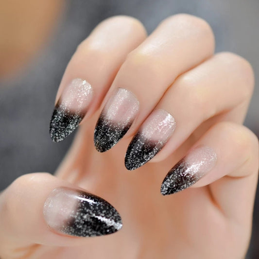 24 black ombre French tip long press-on nails with nude glitter in clear medium coffin shape – glue-on nail set surethings