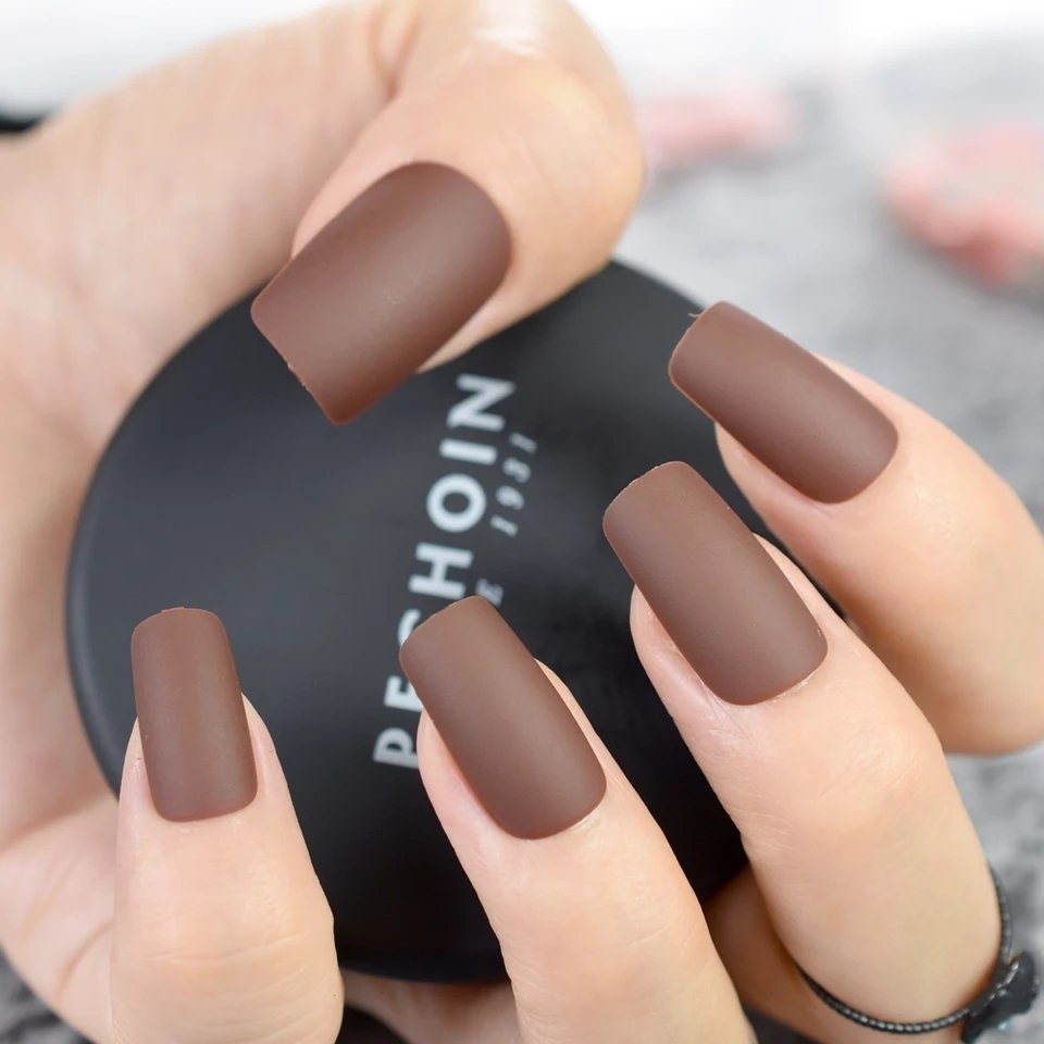 24 matte chocolate coffee brown medium square press-on nails with glue, natural-looking nail kit surethings