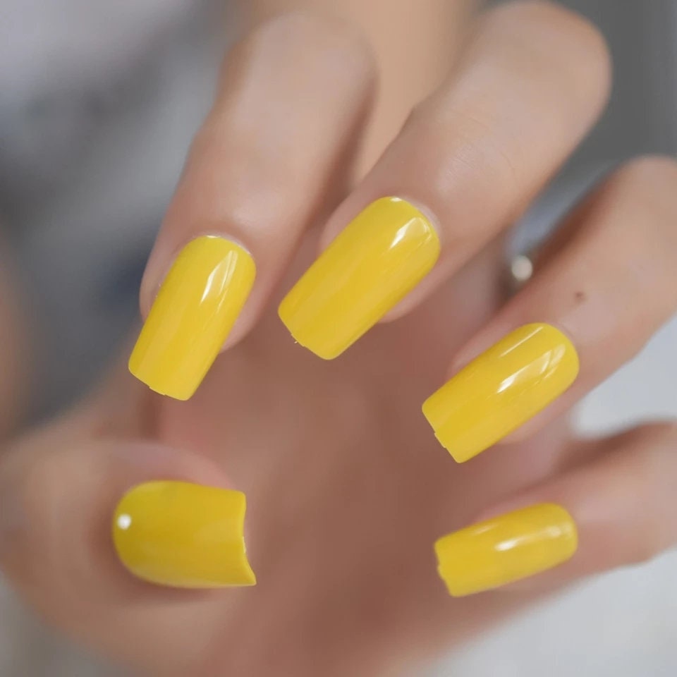 Glossy sunflower yellow long press on nails, medium square glue-on manicure – 24 piece surethngs