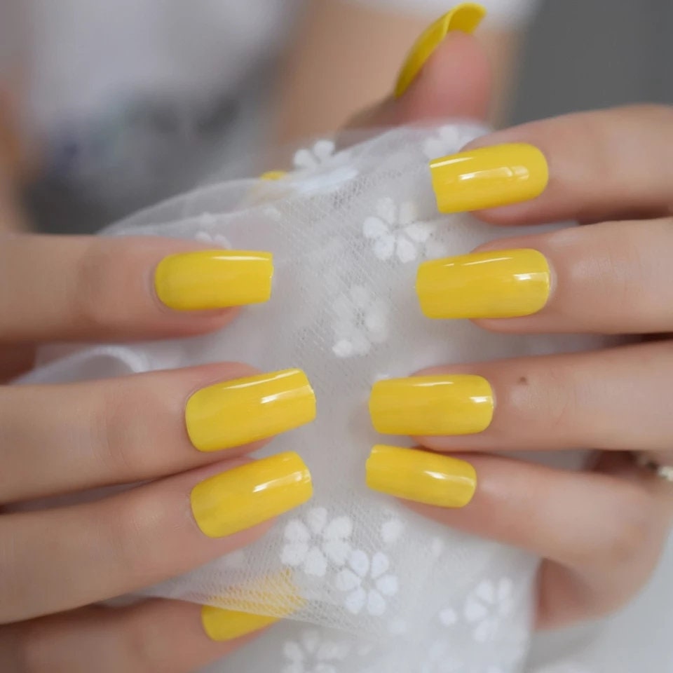 Glossy sunflower yellow long press on nails, medium square glue-on manicure – 24 piece surethngs