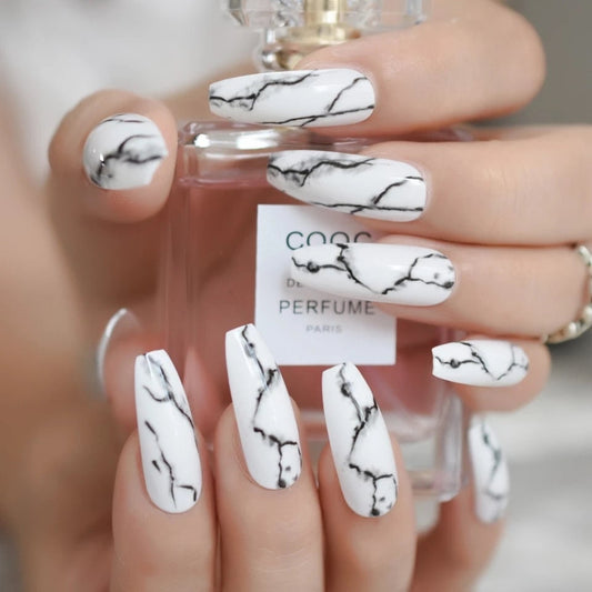 24 White Marble Long Press On Nails kit glue on coffin black art surethings