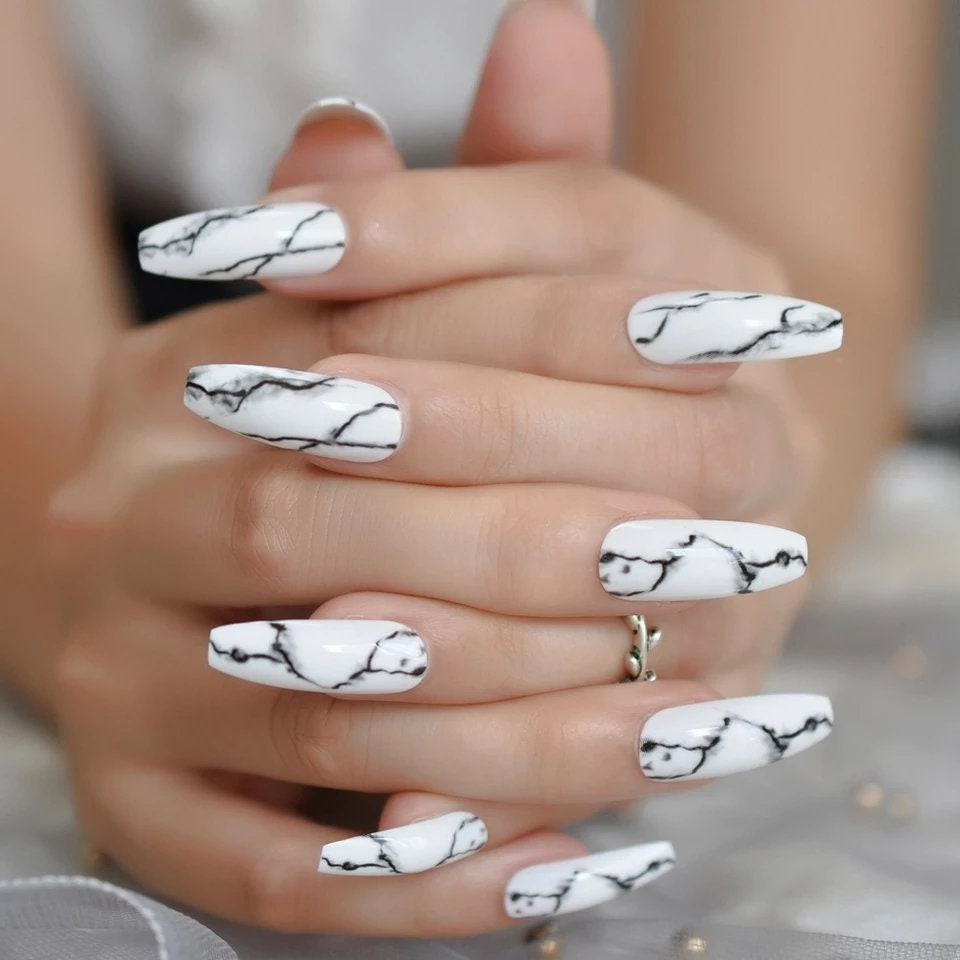 24 White Marble Long Press On Nails kit glue on coffin black art surethings