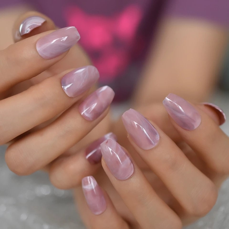 Rose Quartz Coffin Long Press On Nails – Pink Marble Medium Glue On Nail Kit surethings