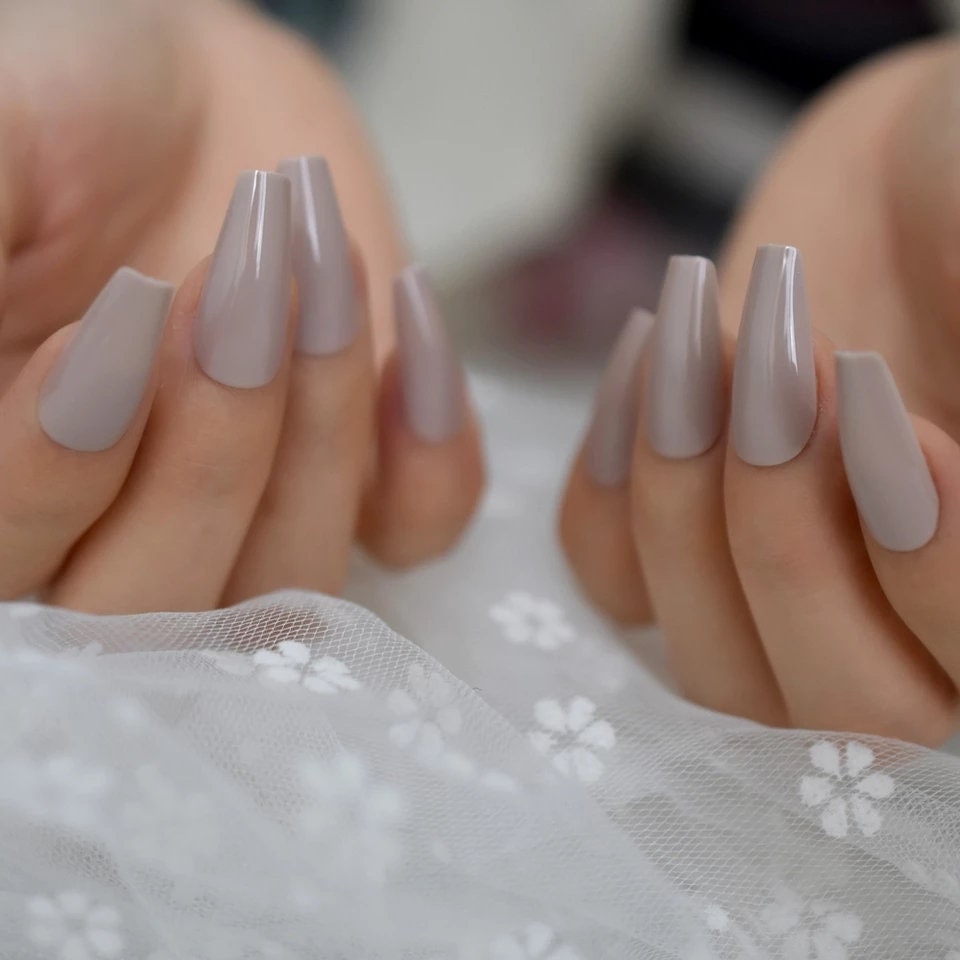 24 Glossy Greige Coffin Long Press on nails kit glue on beige gray tan nude neutral